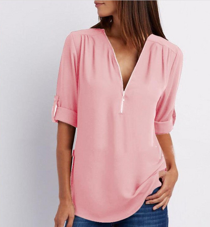 Large Size  Long Sleeve Loose V-neck Shirt