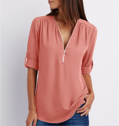 Large Size  Long Sleeve Loose V-neck Shirt